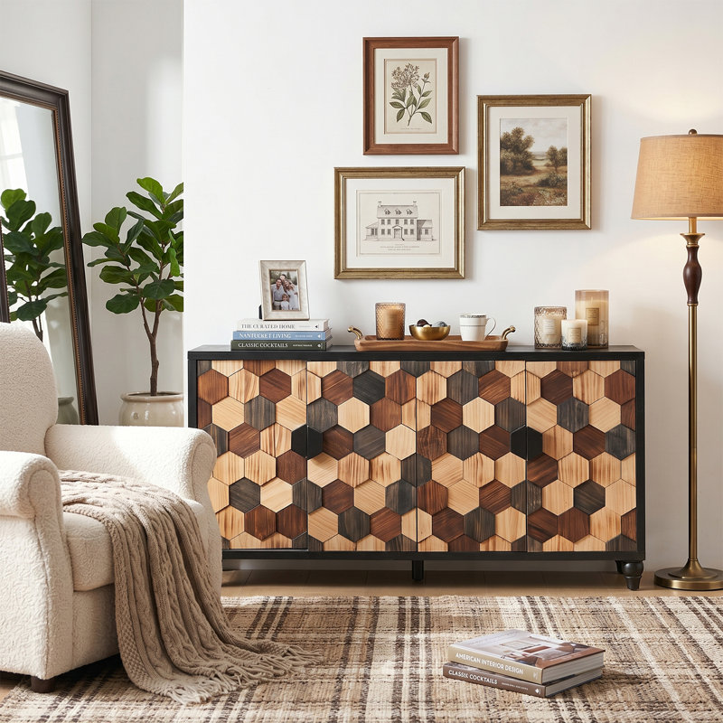 Armoire de rangement moderne 60 "avec portes en nid d'abeille, armoire d'appoint brun noir pour le vestibule, le buffet et le salon