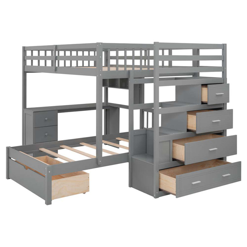 Lit superposé double au-dessus de simple avec tiroirs Jayinn Kids, gris