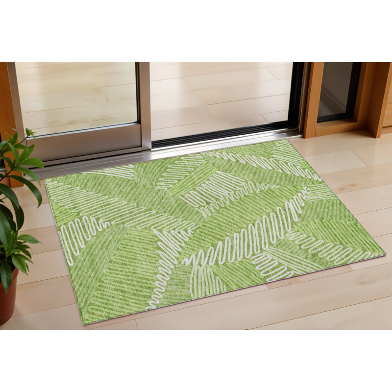 3' X 5' Lime Green And Ivory Floral Washable Indoor Outdoor Area Rug