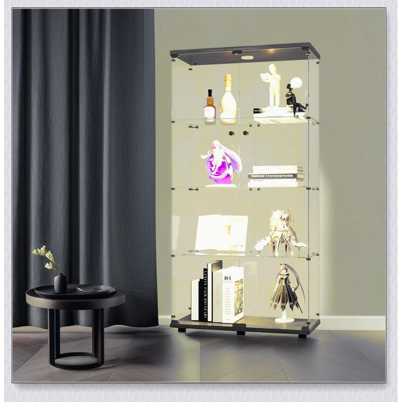 Lighted Two Door Glass Cabinet Glass Display Cabinet with 4 Shelves, Black
