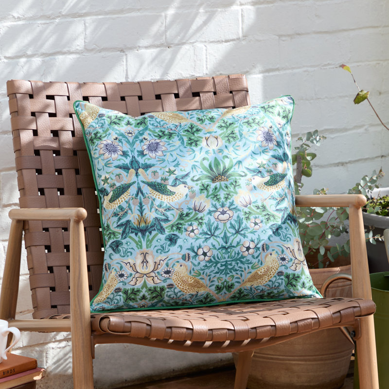 Strawberry Thief Indoor / Outdoor Floral Green Square Throw Cushion, Blue/Green