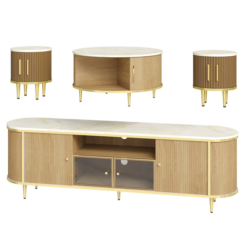 TV Stand And Coffee Table Set With Hidden Storage: Flip-Top Lid & Sliding Doors, White/Gold