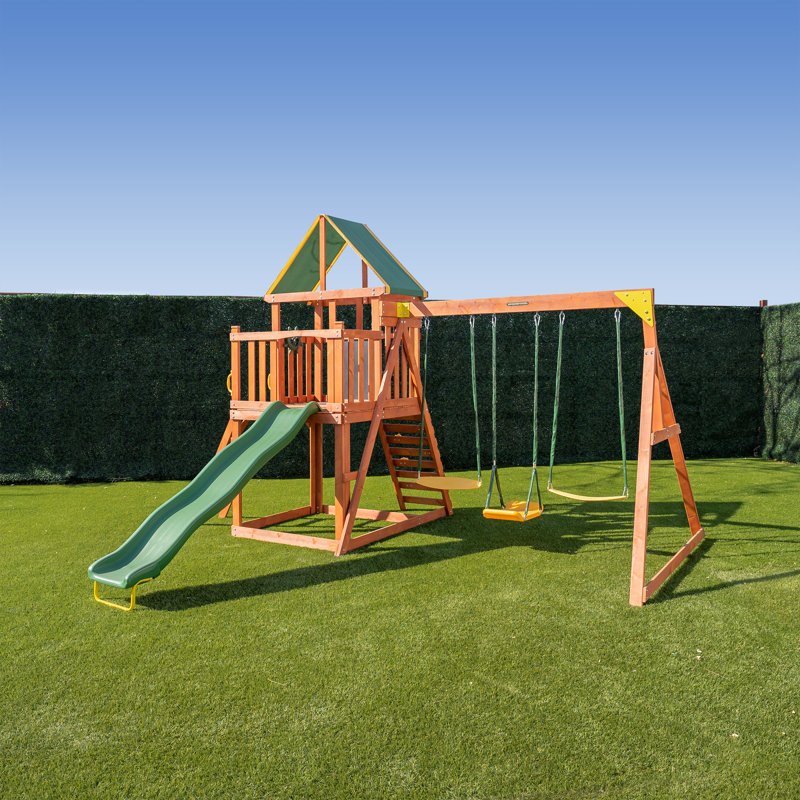 Olympia Natural Wood Swing Set with Green Slide and Fort