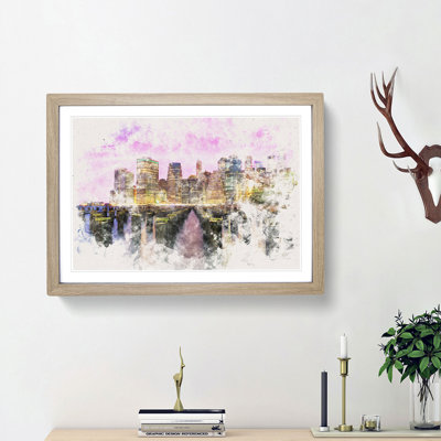 Manhattan from Brooklyn Bridge Watercolour - Picture Frame Graphic Art Print