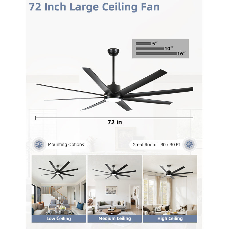 72 In. Standard Ceiling Fan With Light And Remote Control, 3-Color Led Light, Reversible Dc Motor, Black, Black