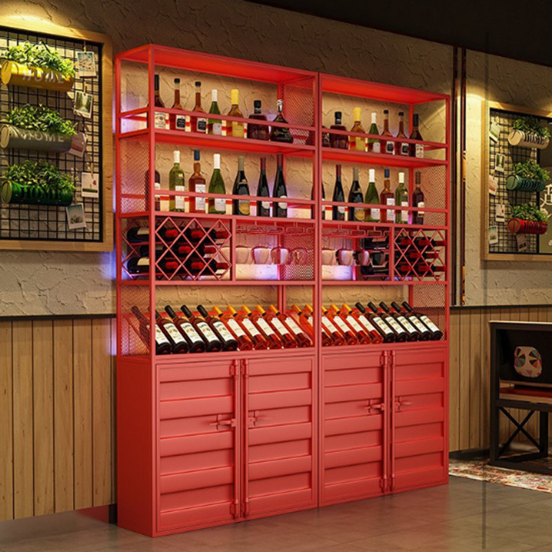 Multi-tier Iron Partition Wine Cooler, 82.6" H x 78.7" W x 11.8" D, Red