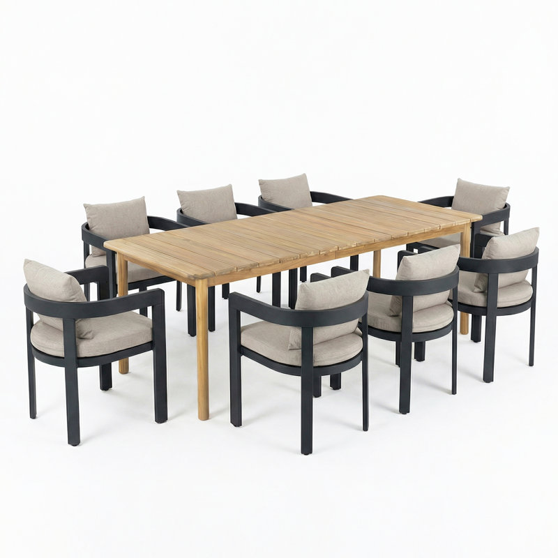 Jerry Outdoor 9-Piece Dining Set With Acacia Wood Table & Aluminum Frame Chairs