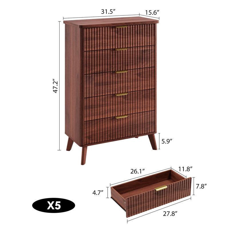Commode moderne à 5 tiroirs, commode cannelée haute avec poignée dorée, profil incurvé, armoire de rangement de chambre à coucher pour le salon, couloir