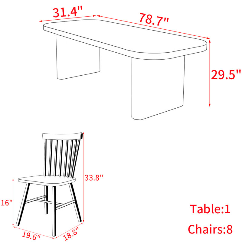 Ensemble de table à manger en bois massif de style nordique., H 29,5 po x L 78,7 po x l 31,4 po 