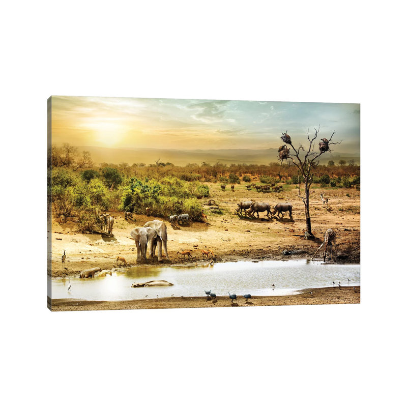 South African Safari Wildlife Fantasy Scene II by Susan Schmitz - Print on Canvas, 66.04cm H x 101.6cm W x 1.91cm D