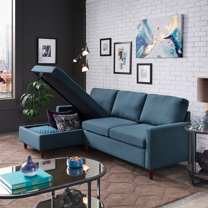 Debrah Upholstered L-Shaped Sectional Reversible, Navy Blue Polyester Blend