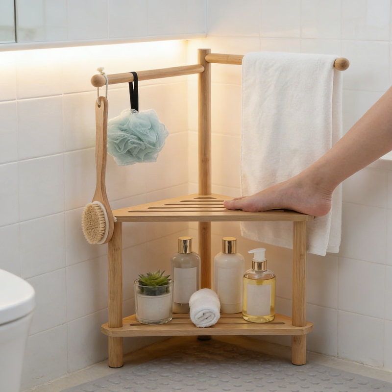 2-Tier Bamboo Shower Stool & Foot Rest With Towel Bar | 17X31" Corner Bench For Small Bathrooms, Free-Standing Design With Storage Shelf For Spa-Like Comfort & Space Efficiency