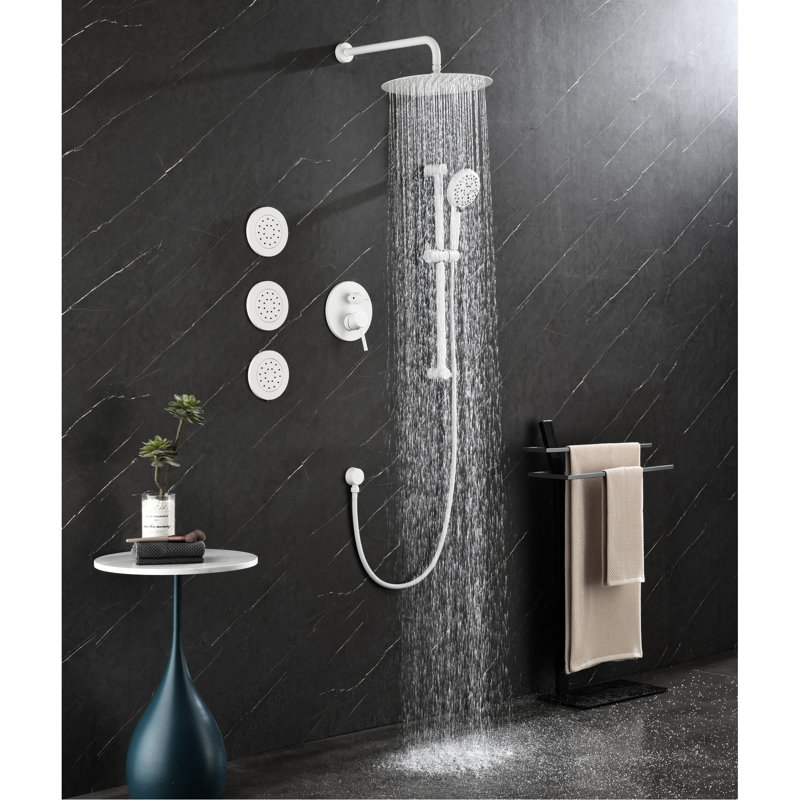 Shower System In White Brass For Wall Mounting: Head, Hand Shower, Slide Bar, Bodysprays System: Mount With Body Spray Collection Design