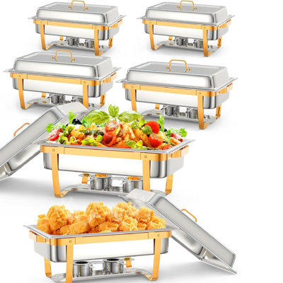 Chafing Dish Buffet Set - 8QT Stainless Steel, w/Lid Holder + Serving Spoon & Tweezers | Durable Portable for Catering, Weddings, Home Dining | Keep Food Warm & Easy Clean，Gold