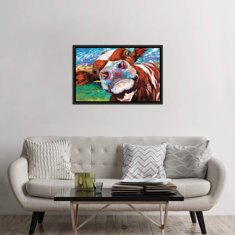 «Curious Cow I» par Carolee Vitaletti - impression d'art graphique, H 18 po x l 26 po x P 1,5 po, Toile avec cadre noir