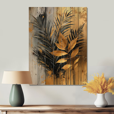 Minimalisme, fougères d'or, symphonie tropicale III - fougères, art mural en bois - sur bois de pin naturel