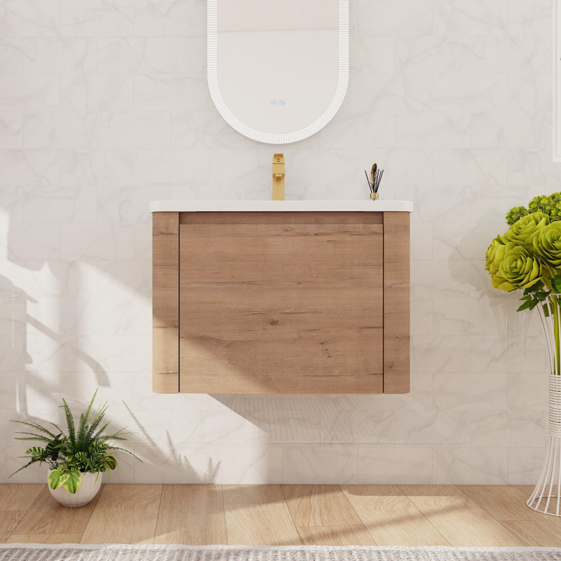 28" Wall Mounted Bathroom Vanity with Ceramic Sink, Single Door Cabinet, 28", Brown
