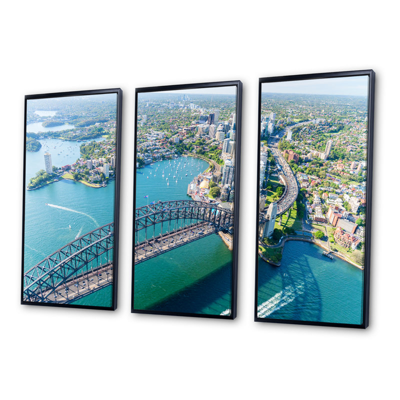 Sydney - Vue aérienne - ensemble de 3 toiles d'art encadrées, Noir, H 28 po x l 36 po x P 1 po