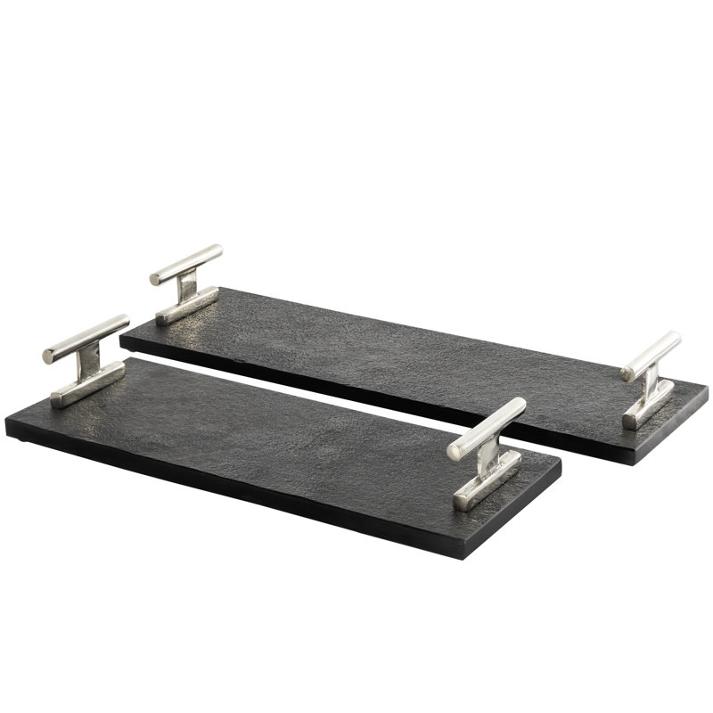 Plateau en bois massif Aedic - ensemble de 2, H 3,25 po x l 6,9 po x P 22,25 po et l 3,3 po x P, Argent / noir