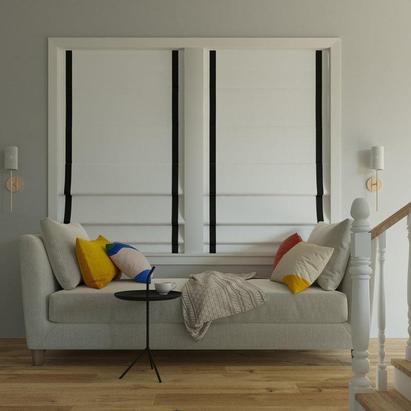 Sun Zero Olander Ribbon Border 100% Blackout Cordless Single Roman Shade, 31"W x 64"L, Black/White