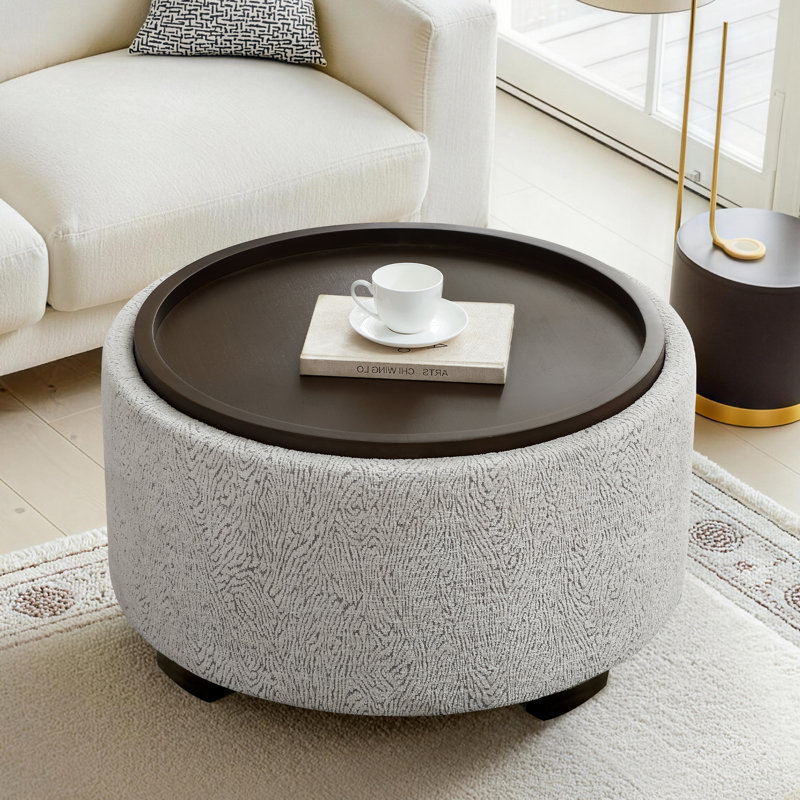 Caysey 30.1" W Upholstered Round Storage Ottoman with Wooden Tray, White