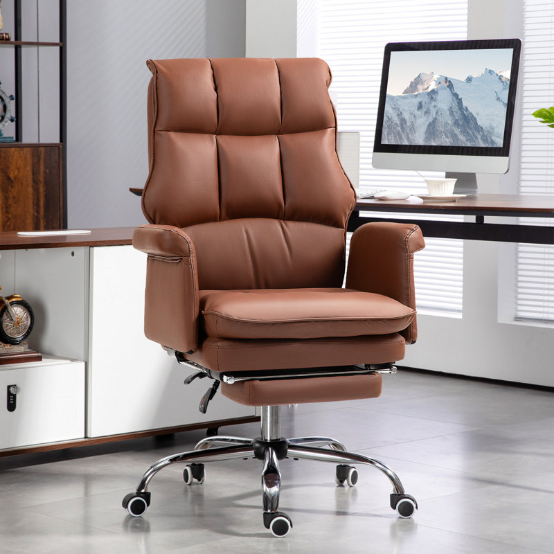 Executive Office Chair, PU Leather Ergonomic Office Desk Chair With Footrest, Reclining And Swivel Chair, Brown