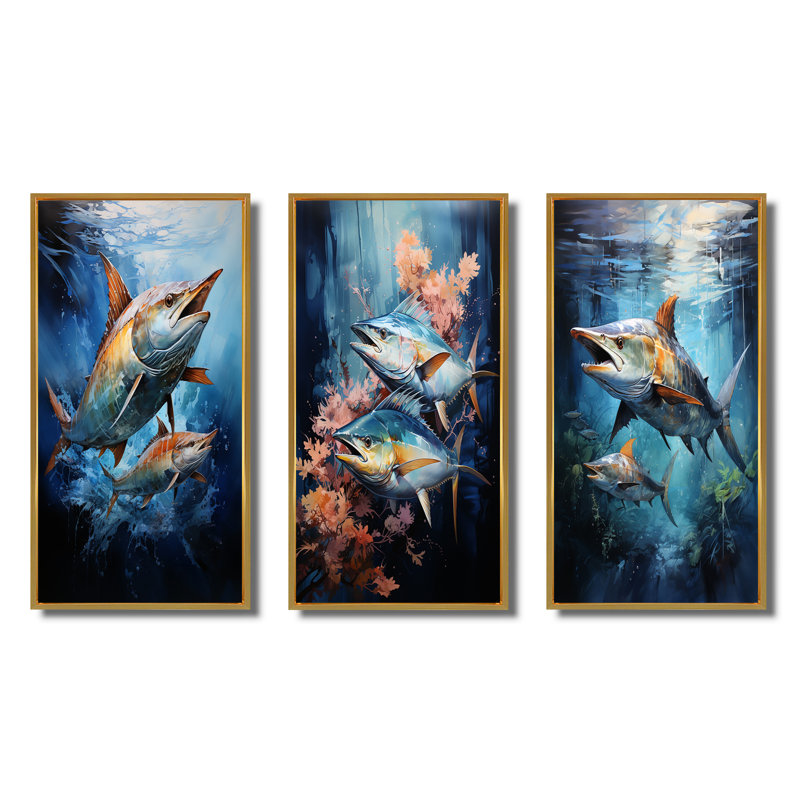 " Fishing Majestic Marlins Jumping " 3 - Pieces, 20" H x 36" W, Gold Framed