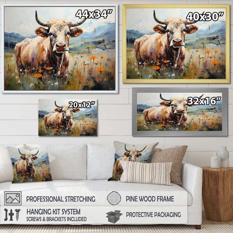 Vache dans des champs pastel - impressions encadrées de vache, Cadre blanc, H 24 po x l 32 po x P 1 po