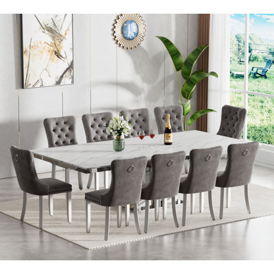 Faux Marble Dining Table Set, 62.99"-94.5" Extendable Dining Table & Gray Tufted Velvet Chairs, Modern Mirrored Kitchen Dining Room Table and Chairs Set