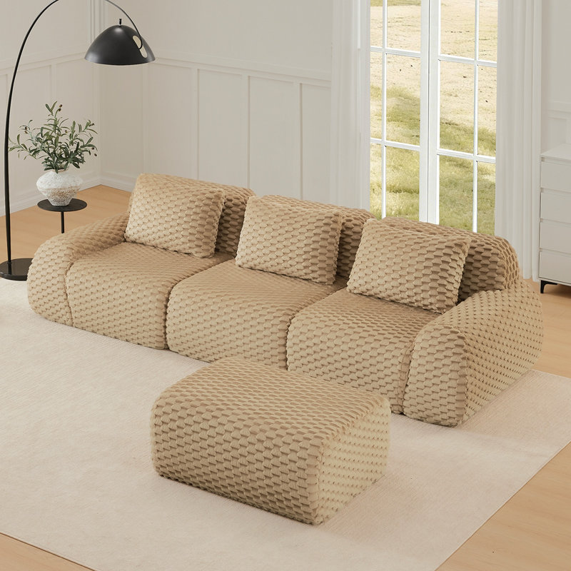 114" Modern L-Shaped Modular Sectional Sofa For Living Room,Flannelette Fabric,Oversized 3-Seater Couch,Boneless Sofa ,Movable Ottoman,Buckle Connection,Anti-Slip Design,No Assembly,Light Camel
