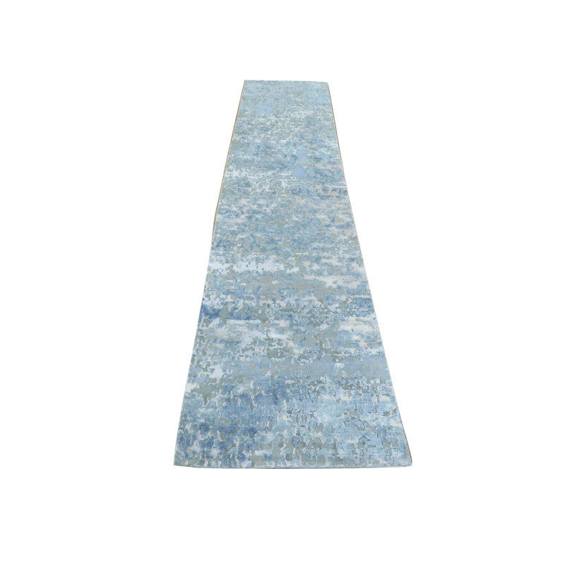 Tapis de la surface en laine de chemin en laine 3 pi x 13 pi 10 po one-of-kind noué la blue