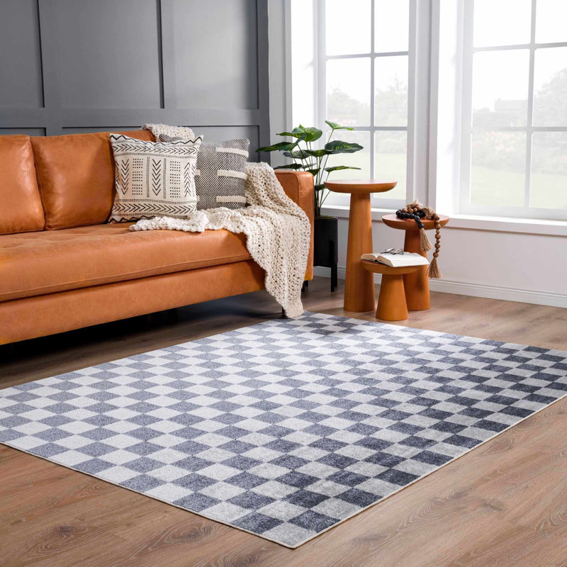 Brunetti Checkered Machine Woven Polyester Area Rug in Blue, Rectangle 2'2" x 3'9"