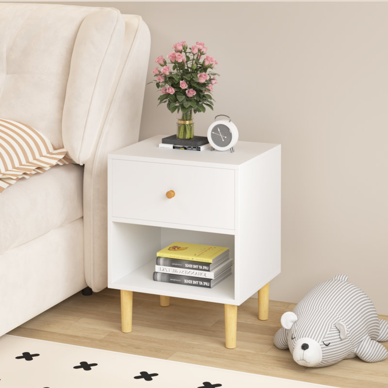 Wooden Nightstand With One Drawer One Shelf For Kids