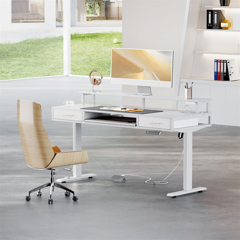 Desk With Keyboard Tray, Adjustable Desk With Monitor Stand, Height-Adjustable Gaming Table With Sockets And Light Bar