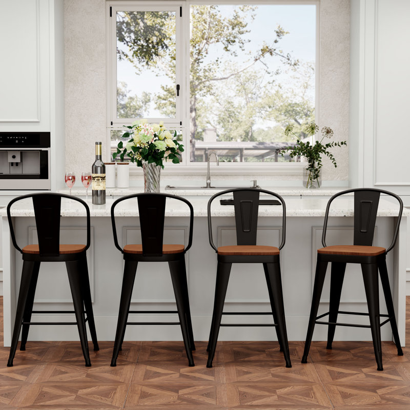 High Back Metal Counter And Bar Stools, Black, Counter Stool (24" Seat Height)