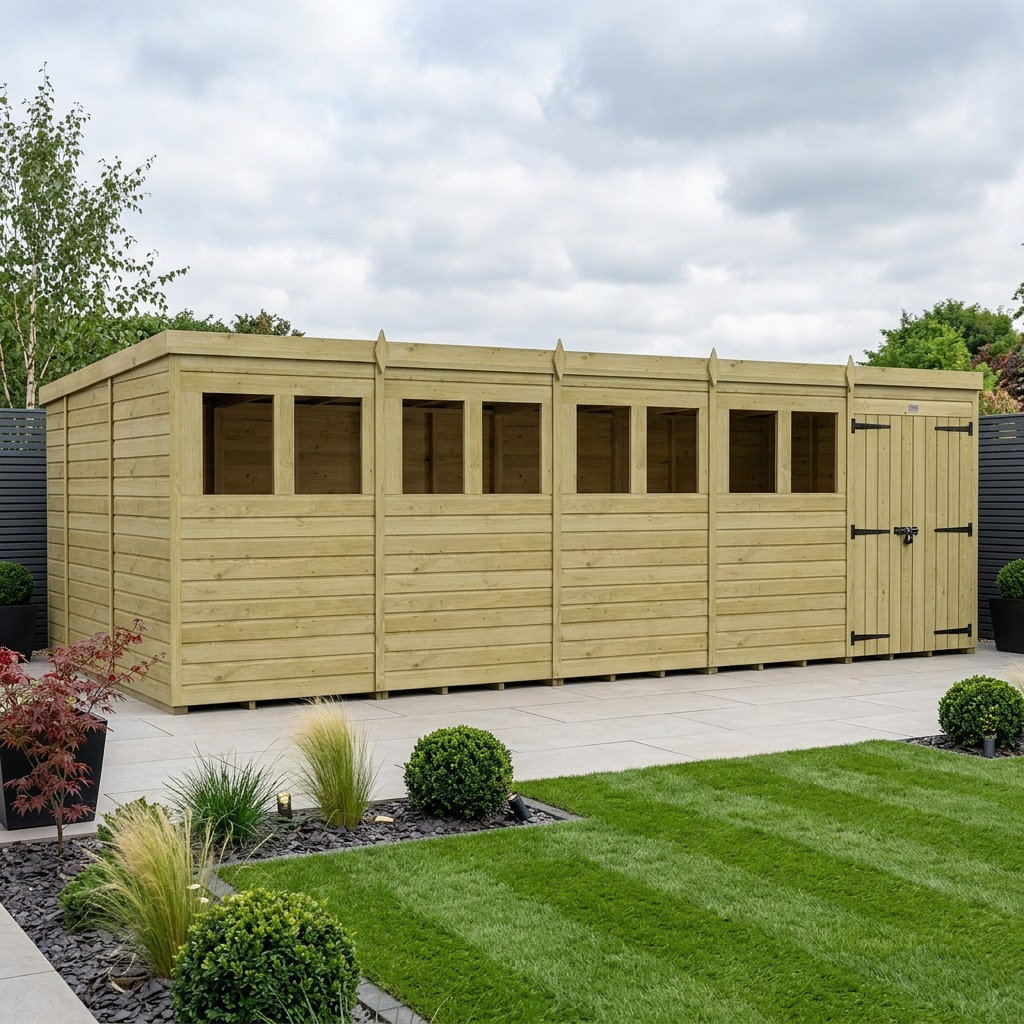 Total Sheds 20ft x 10ft Pent Garden Shed - Double Door - With Windows - Pressure Treated Timber - UK Manufactured