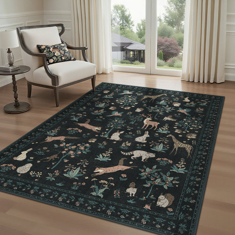 Tapis à imprimé floral et animal Alcoa, Noir, Rectangle 5 pi x 7 pi