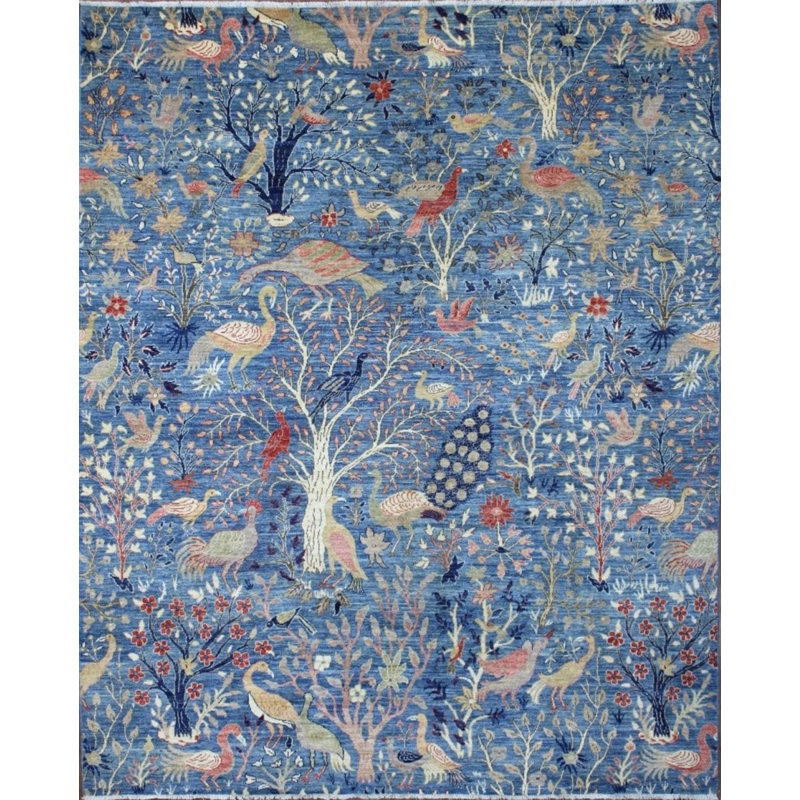 Birds Collection, Contemporary, Transitional Hand Knotted Wool Area Rug in Blue