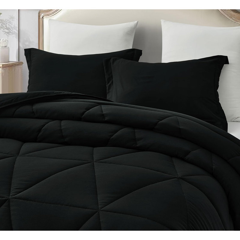Washed Microfiber Bedding Polyester Comforter, Full/Double Comforter + 2 Standard Shams, Black