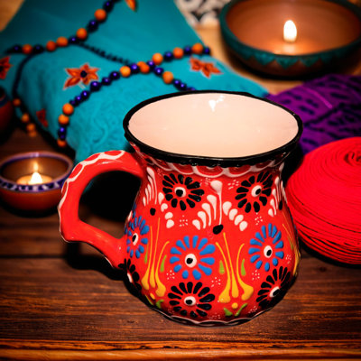 Handcrafted 10oz Turkish Coffee Mug With Handle - Ceramic Cup With Floral Pattern - Traditional Drinkware - Decorative Gift Mug For Home & Kitchen