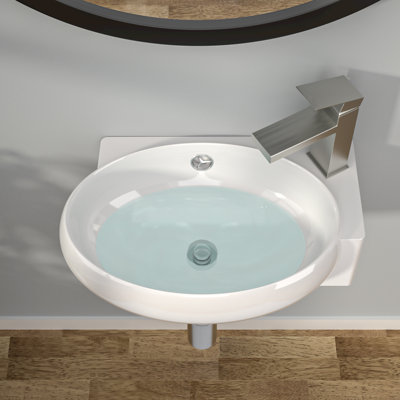 16" x 11" Wall Mount Bathroom Sink, Oval Ceramic Wall Hung Vanity Sink with Overflow, Single Hole Faucet Compatible, White