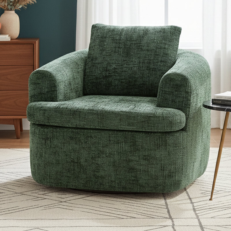 Fauteuil demi-tonneau pivotant rembourré, Chenille verte, 1