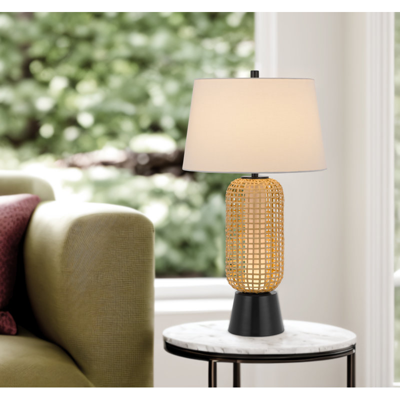 100W Wicker table lamp with 2W LED night light and hardback fabric shade
