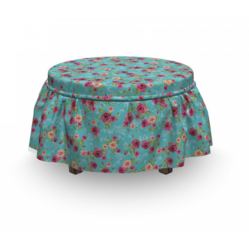 Housse pour repose-pieds floral, Rose bouquet / bleu ciel / vert