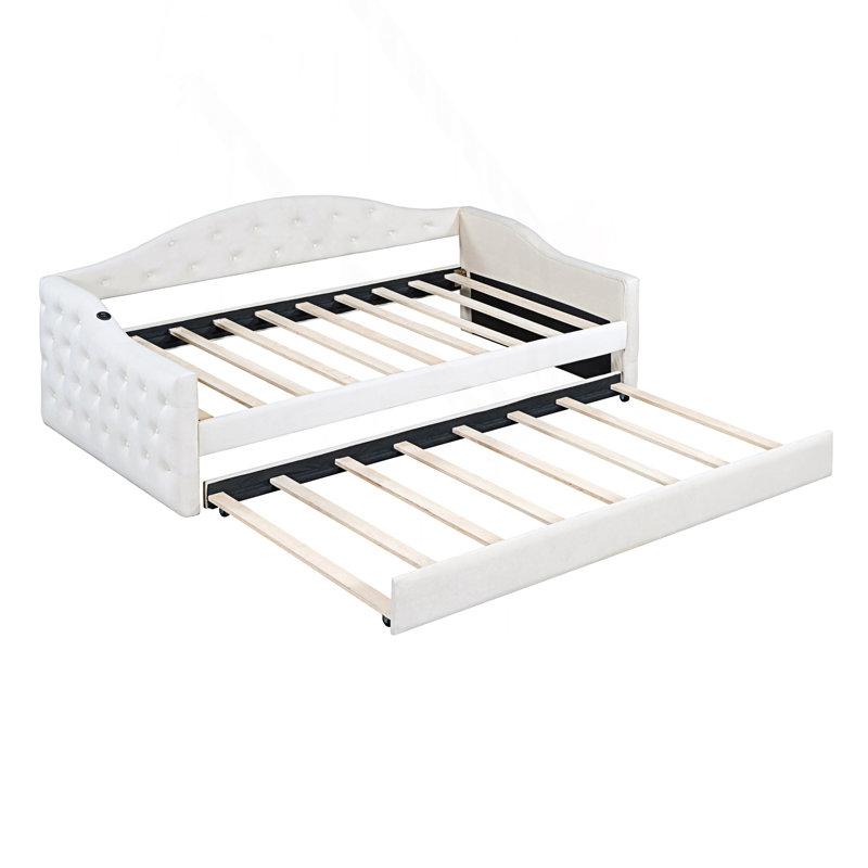 Lit de jour rembourré capitonné de style moderne avec couchette, canapé-lit avec ports USB et Type-C, Beige