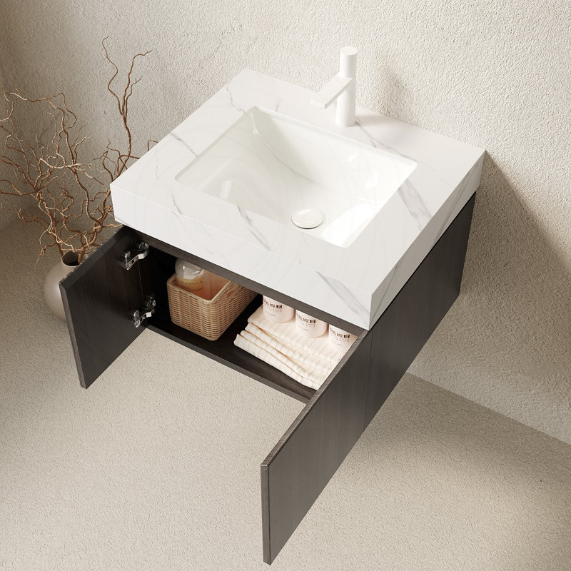 Meuble-lavabo 24 po avec lavabo, comptoir en pierre frittée flottante et lavabo en céramique, Espresso, Blanc de Carrare