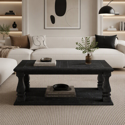 Table basse rectangulaire de style campagnard, table basse rustique avec pieds tournés épais et tablette de rangement