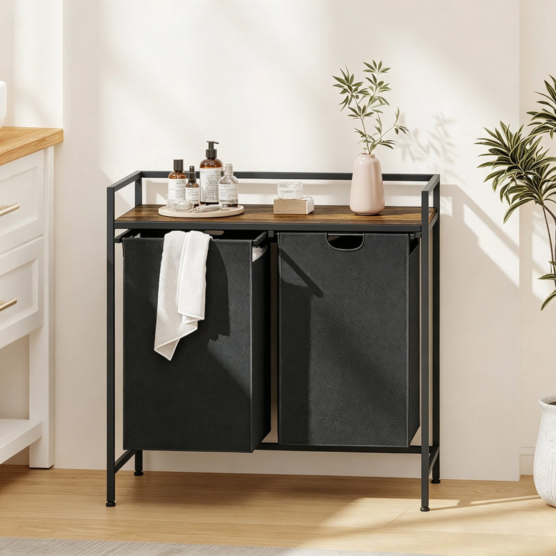 Table à linge avec panier à linge avec 2 paniers amovibles en tissu, station de tri industrielle avec plateau en bois, armoire à linge pour salle de bain, buanderie