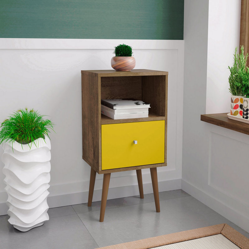 Table de chevet Mid-Century avec tiroir jaune et tablette ouverte