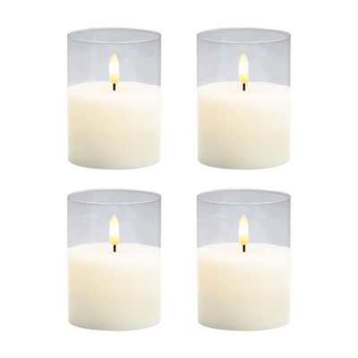 Battery Operated 3D Wick Flame LED Candles in Clear Holders, Soft White - 4 Pieces